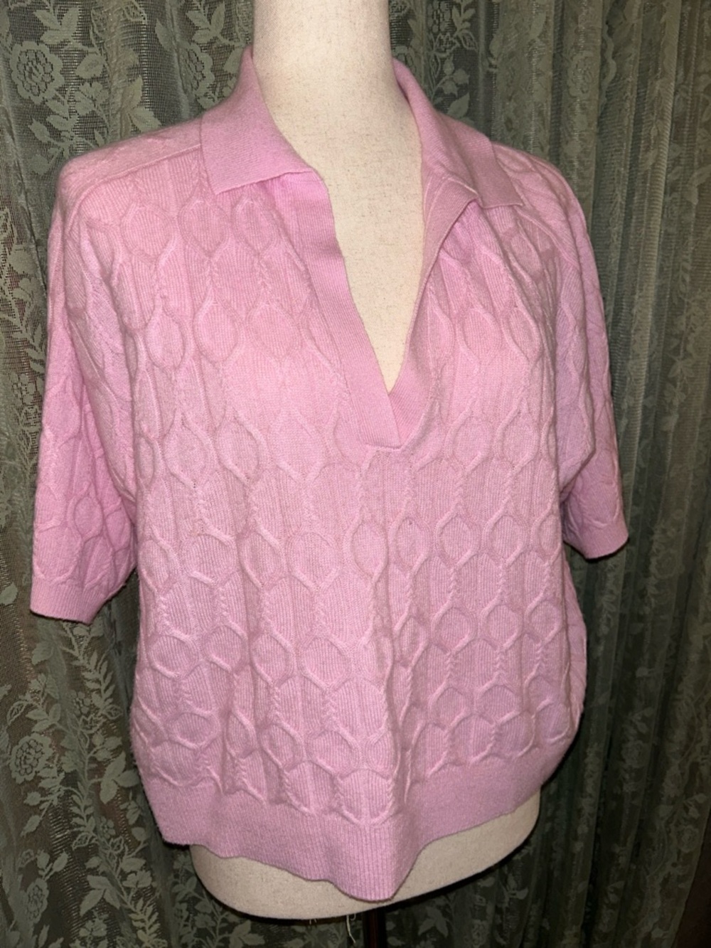 100% Cashmere Knit Short Sleeve Cropped Polo Sweater Tee